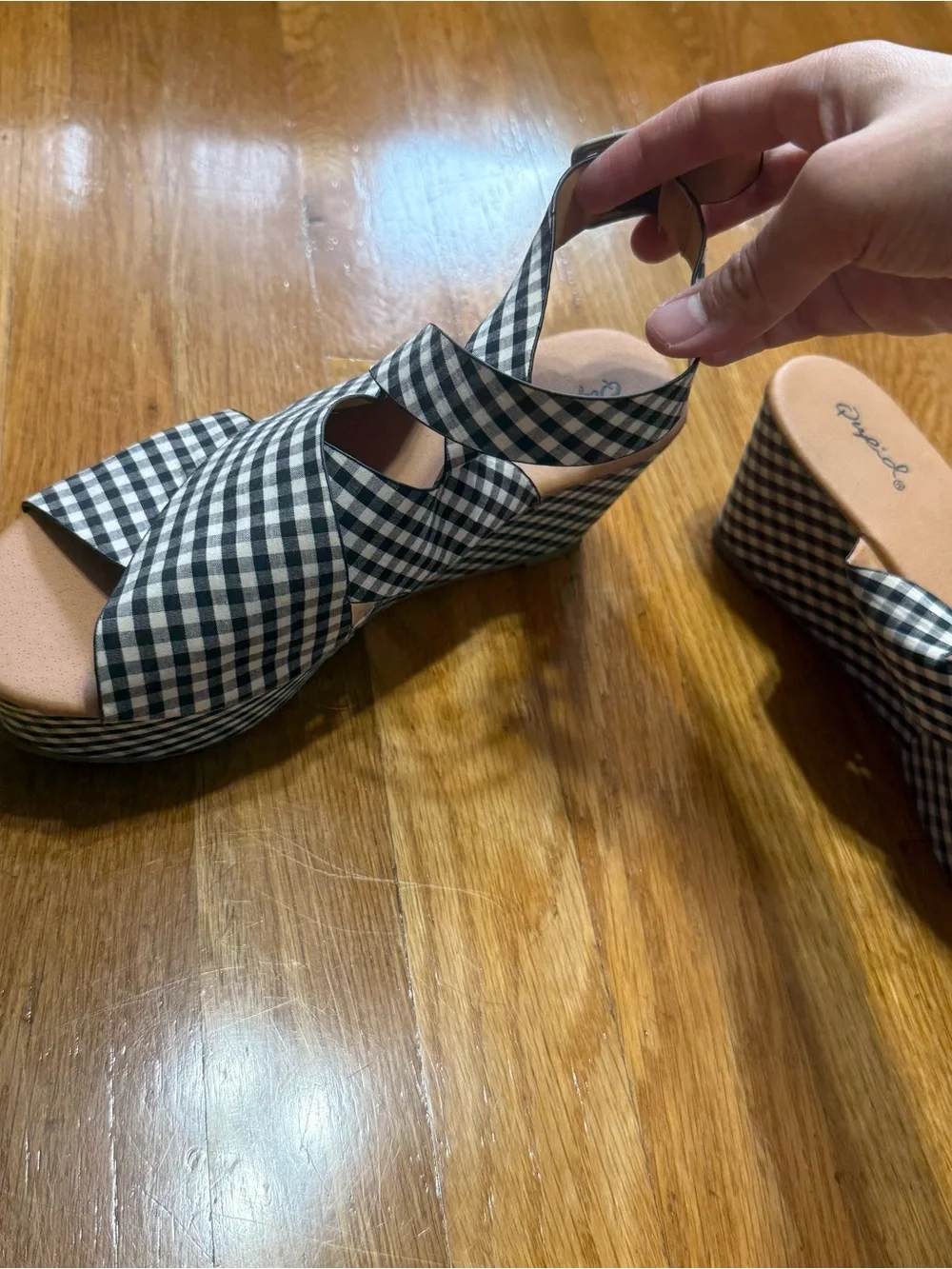 Gingham black white platform wedge heels with buckle strap sandals (size 6)